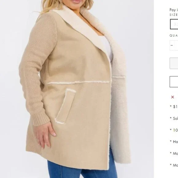 OnTwelfth Women’s Plus Size Open Front Faux Suede & Sherpa Lined Coat – Beige - Picture 4 of 12